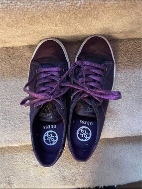 Guess Women's Purple Glitter Lace-Up Sneakers with Shimmer Laces 9